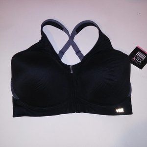 Victoria Secret Sports Bra 38DD Black Solid Front Zip Close Adjustable Lightly l